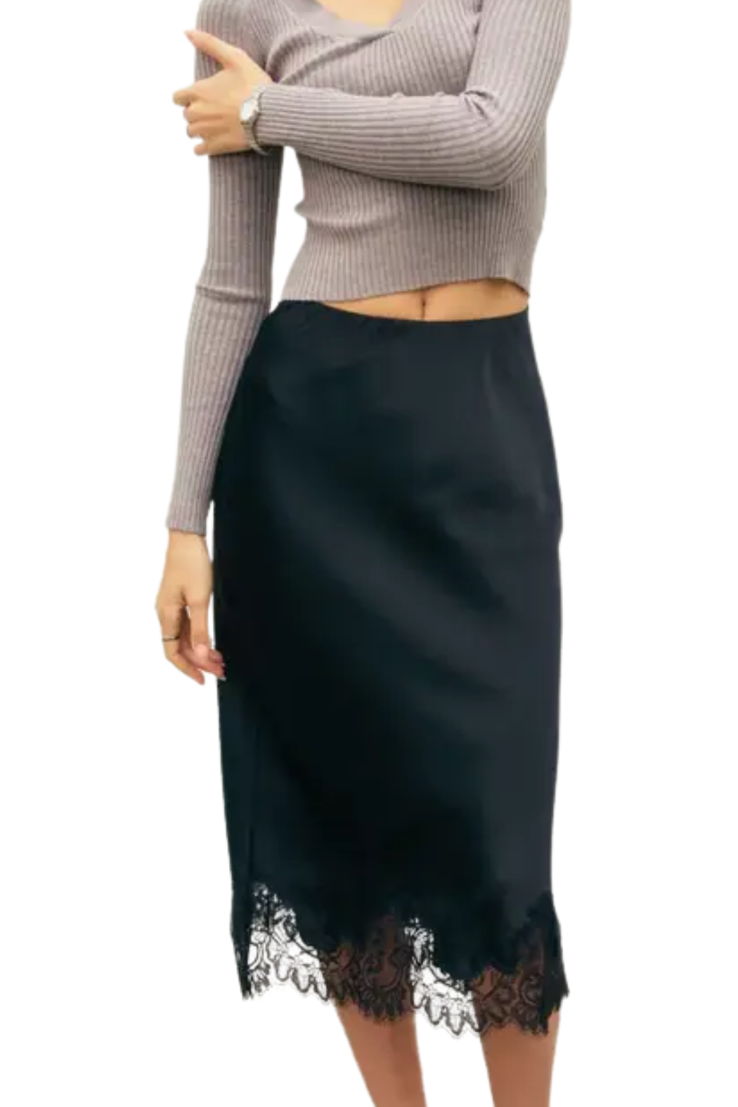 Satin Lace Hem Skirt