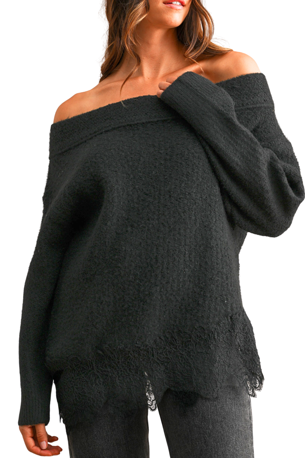 Off The Shoulder Lace Trim Sweater